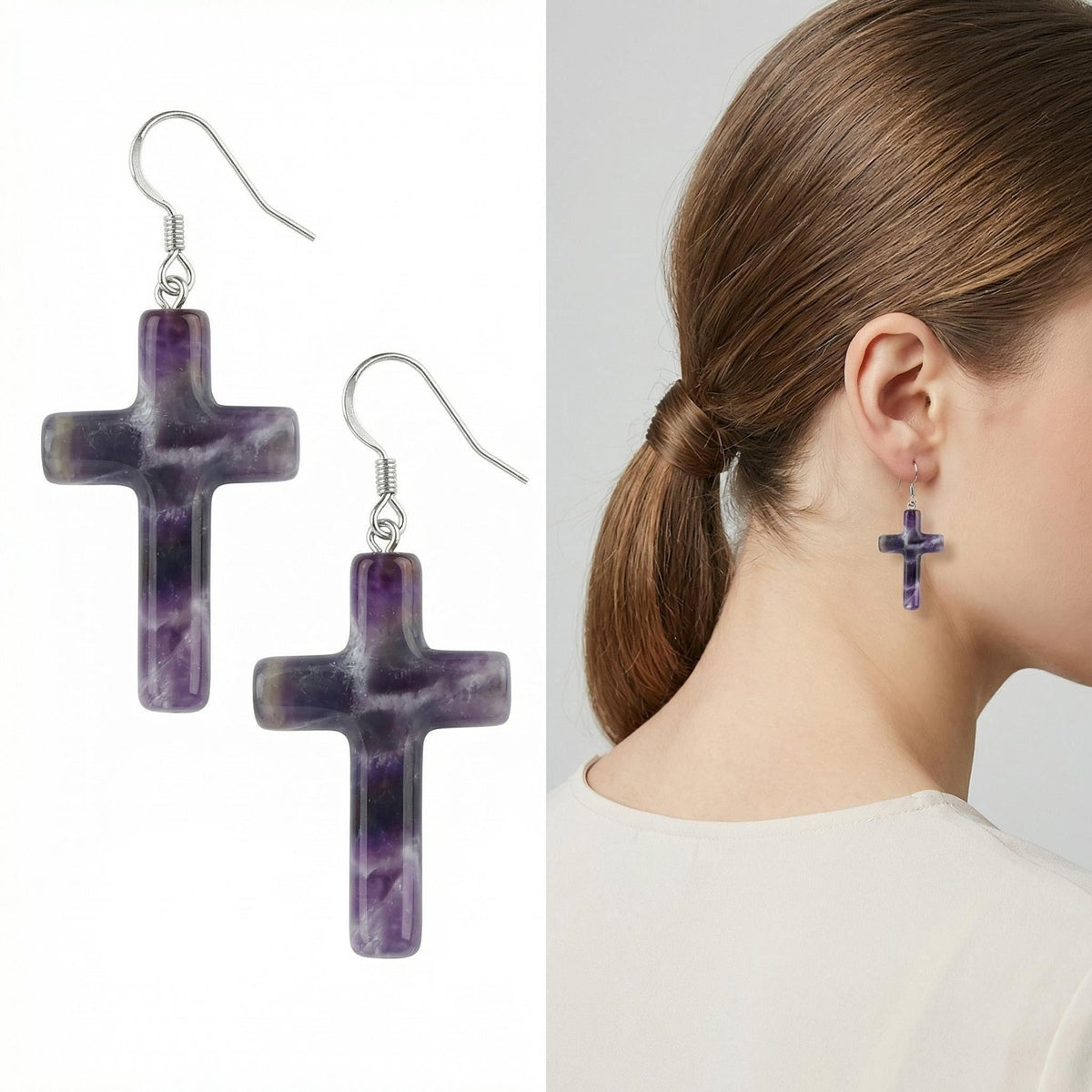 Amethyst Cross Pendant 27X40mm Gemstone Jewelry Necklace Earrings for Women Men