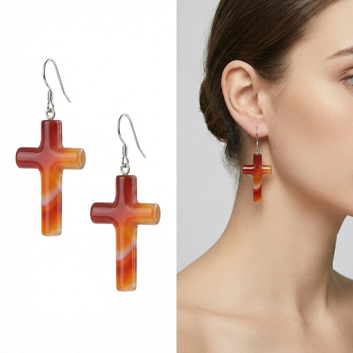 Red Agate Cross Pendant 27X40mm Gemstone Jewelry Necklace Earrings for Women Men
