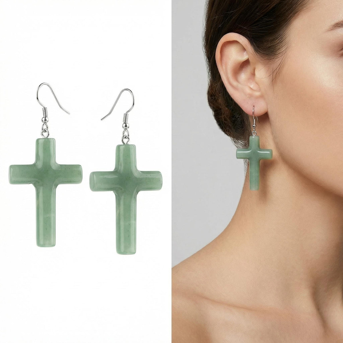 Green Aventurine Cross Pendant 27X40mm Gemstone Jewelry Necklace Earrings for Women Men