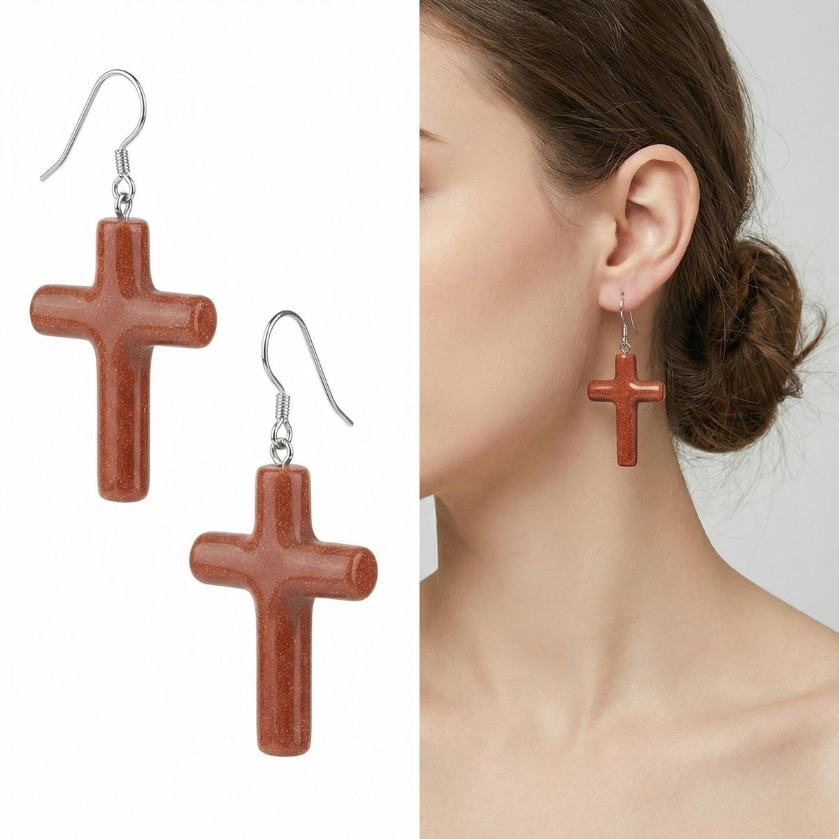 Red Goldstone Cross Pendant 27X40mm Gemstone Jewelry Necklace Earrings for Women Men