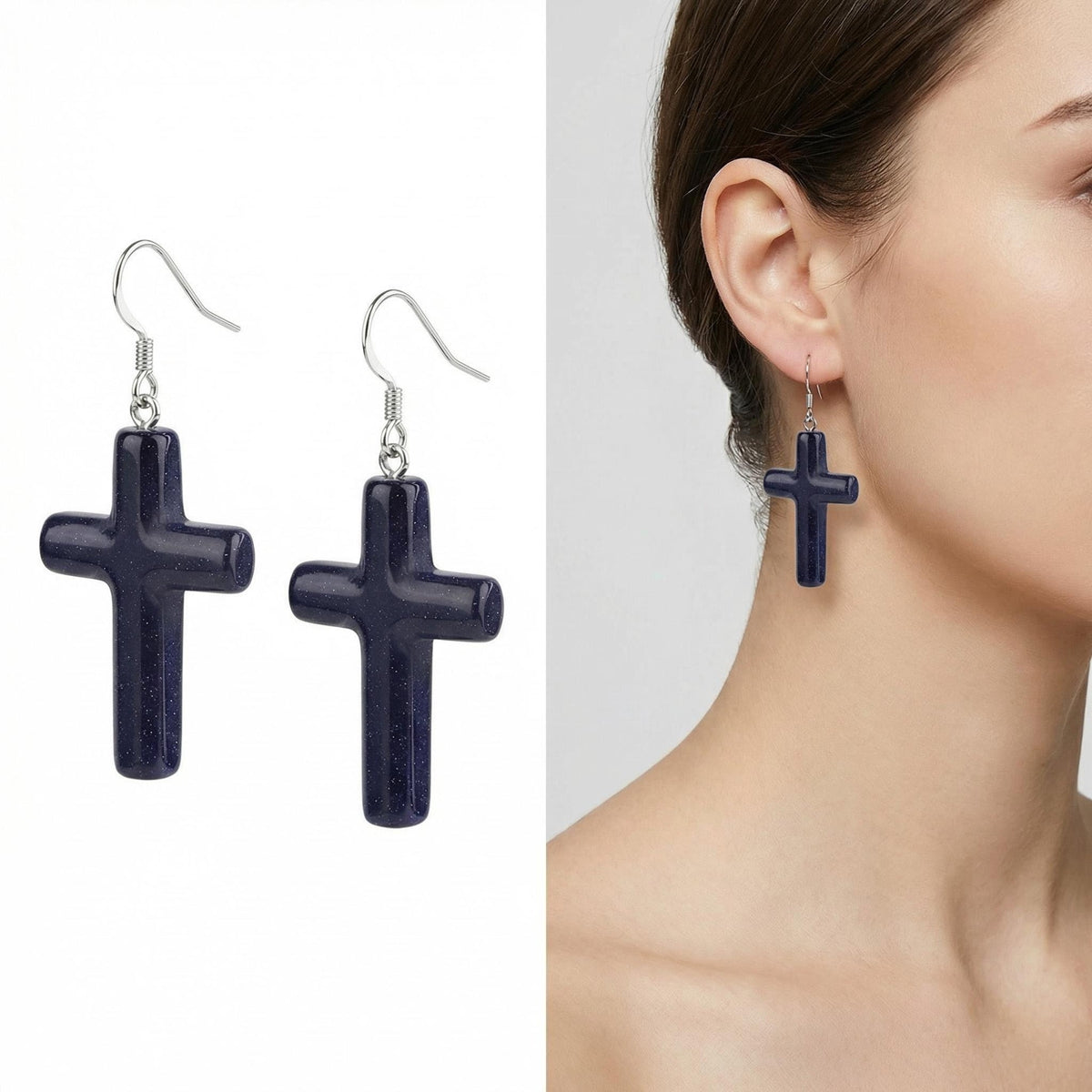 Blue Goldstone Cross Pendant 27X40mm Gemstone Jewelry Necklace Earrings for Women Men
