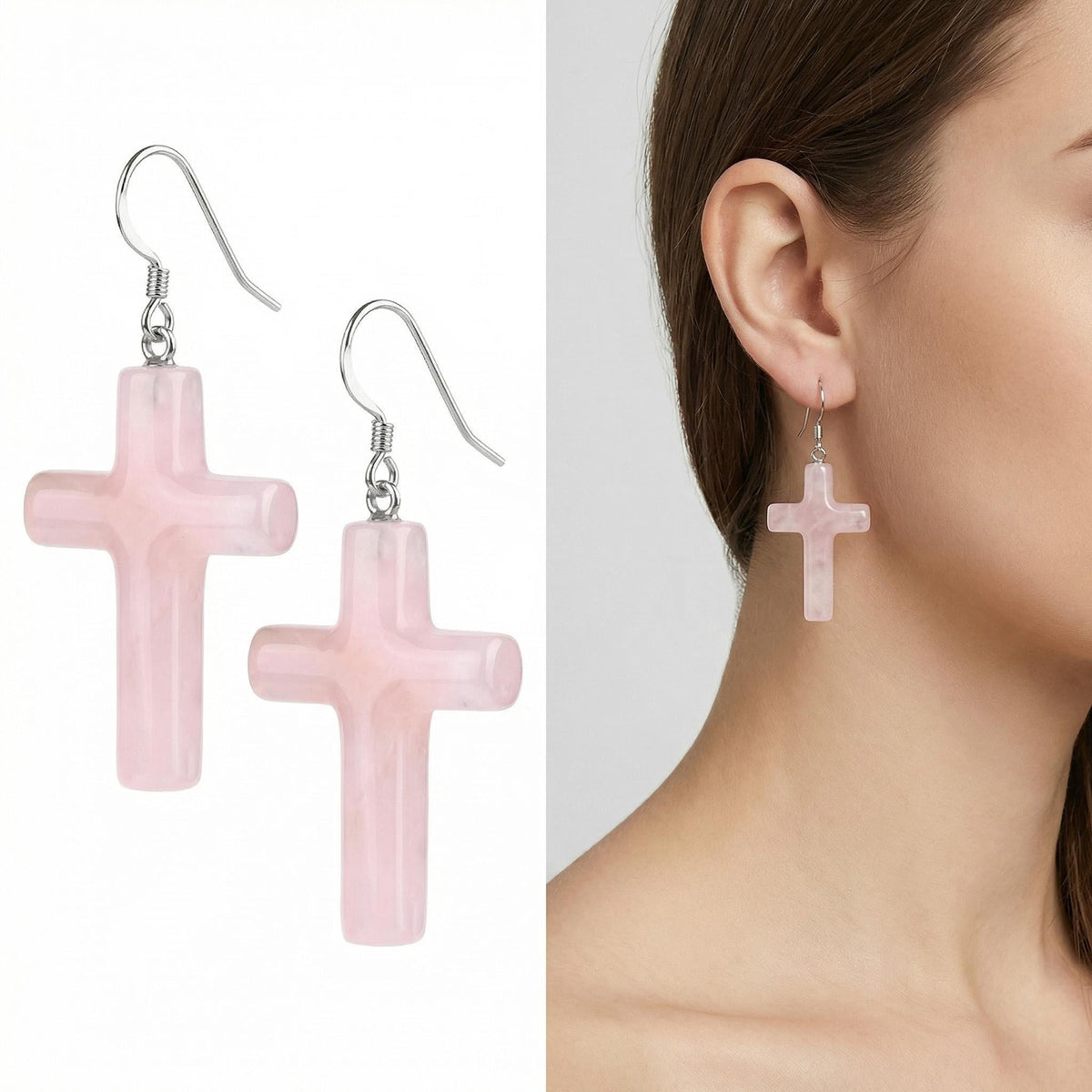 Rose Quartz Cross Pendant 27X40mm Gemstone Jewelry Necklace Earrings