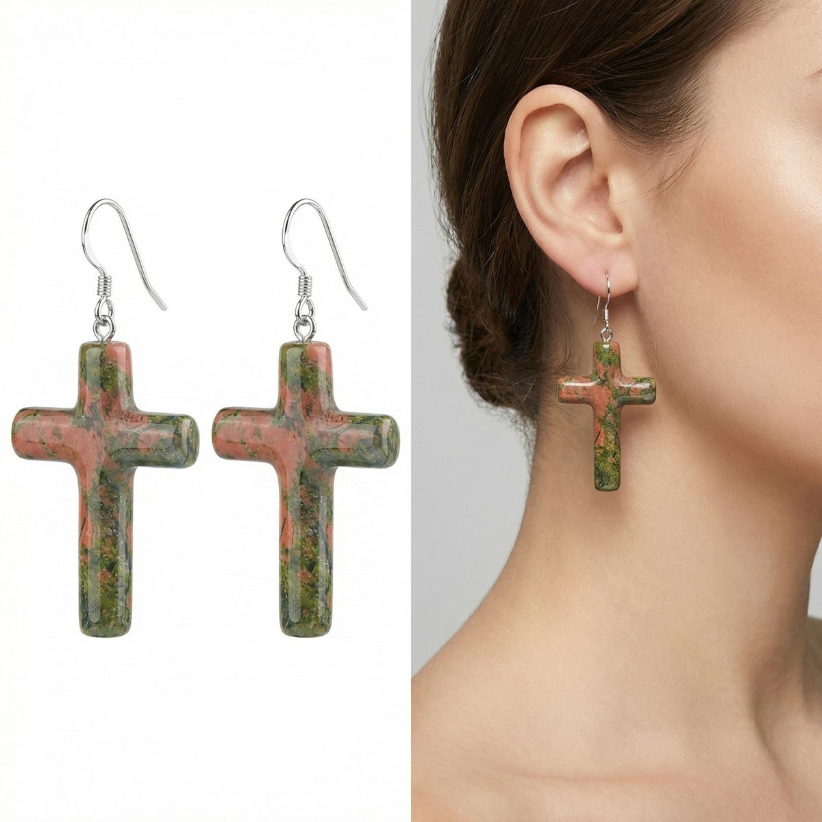 Unakite Cross Pendant 27X40mm Gemstone Jewelry Necklace Earrings
