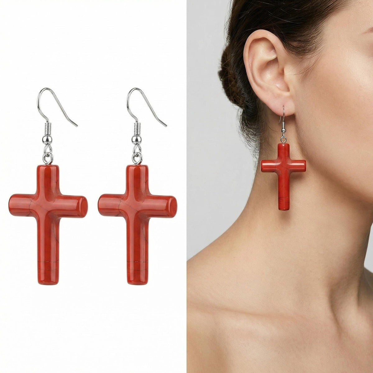 Red Jasper Cross Pendant 27X40mm Gemstone Jewelry Necklace Earrings