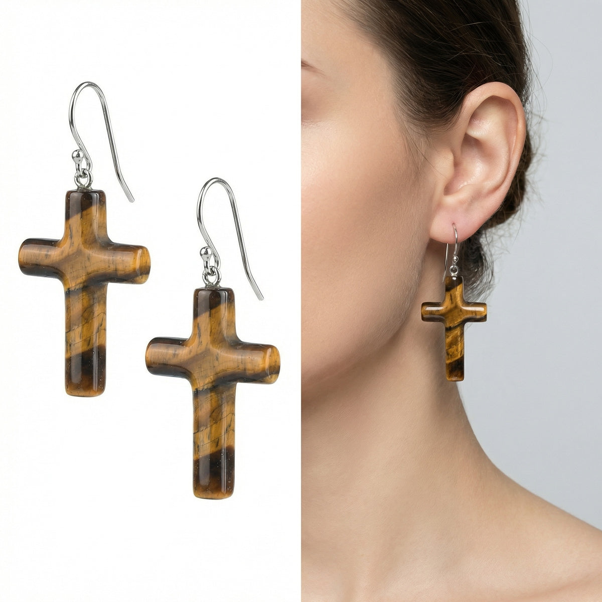 Yellow Tiger Eye Cross Pendant 27X40mm Gemstone Jewelry Necklace Earrings