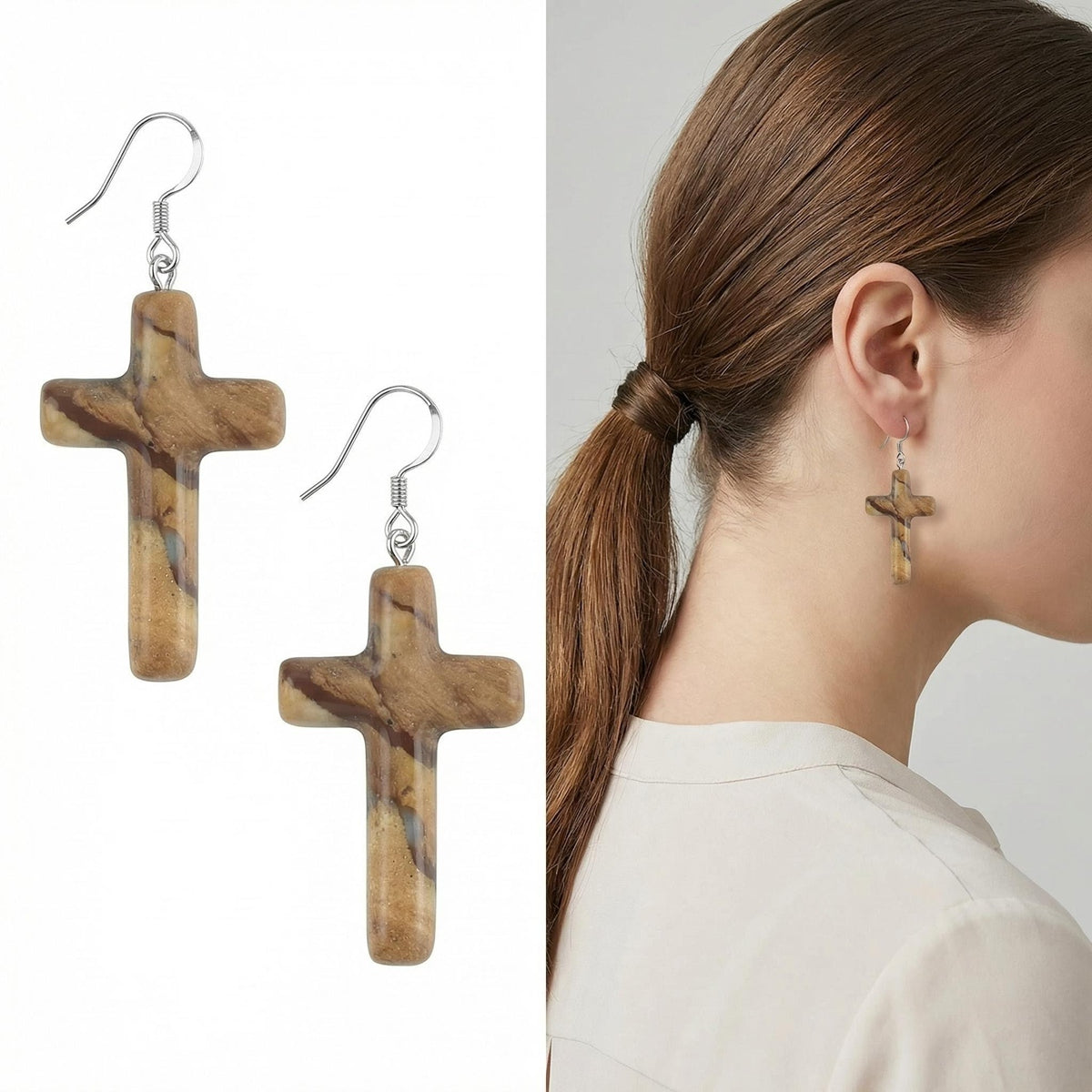 Picture Jasper Cross Pendant 27X40mm Gemstone Jewelry Necklace Earrings