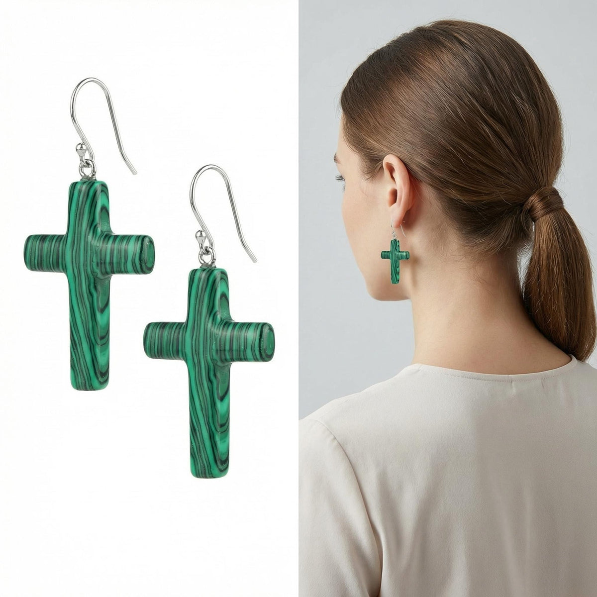 Malachite Cross Pendant 27X40mm Gemstone Jewelry Necklace Earrings