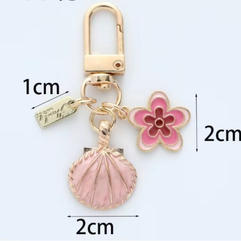 Cute Shell & Flower Enamel Keychain, Dainty Rhinestone Bag Charm, Small Fresh Pendant for Airpod Case, Best Friend Gift