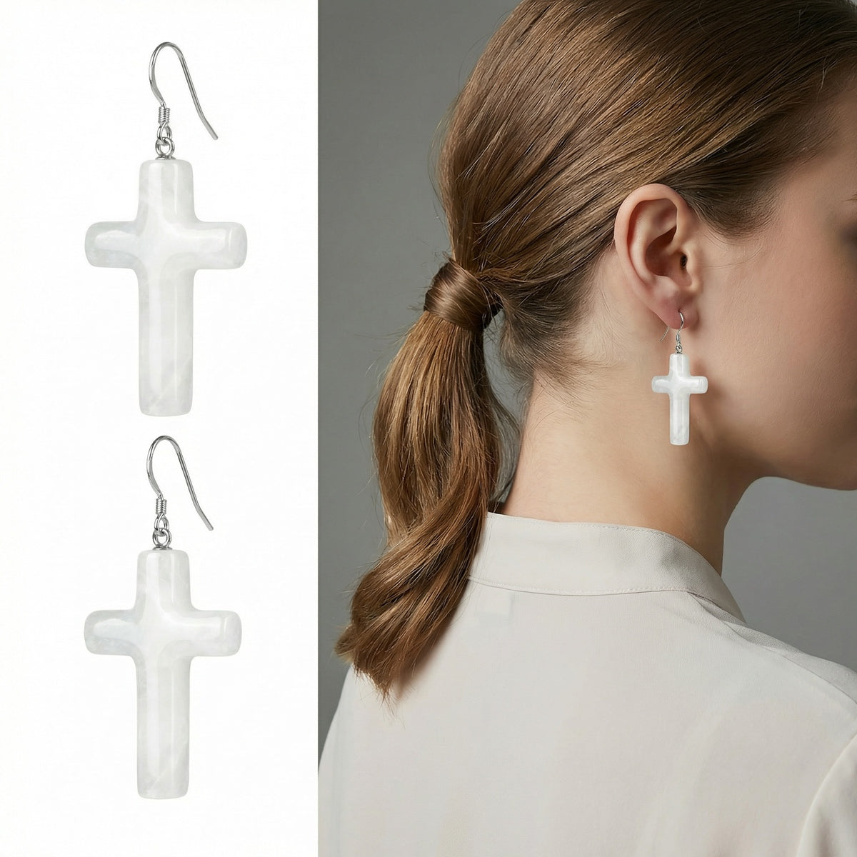 Quartz Crystal Cross Pendant 27X40mm Gemstone Jewelry Necklace Earrings