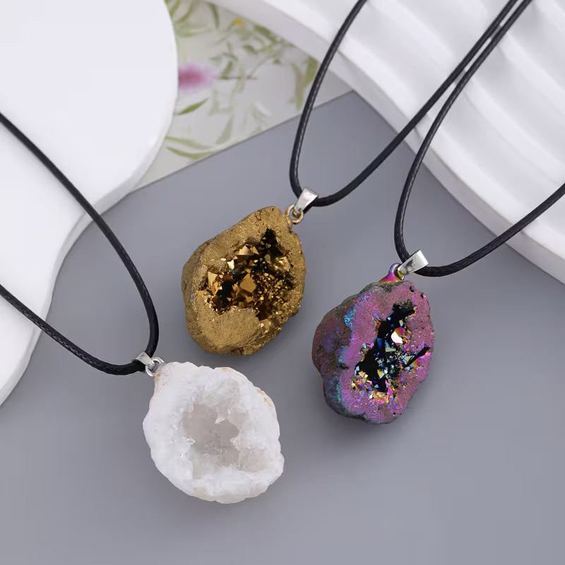 Natural Druzy Geode Slice Pendant Necklace – Raw Crystal Boho Statement Jewelry