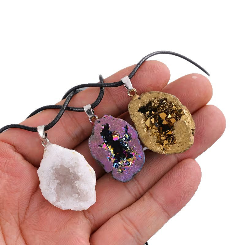Iridescent Agate Geode Quartz Crystal Pendant – Raw Gemstone Jewelry