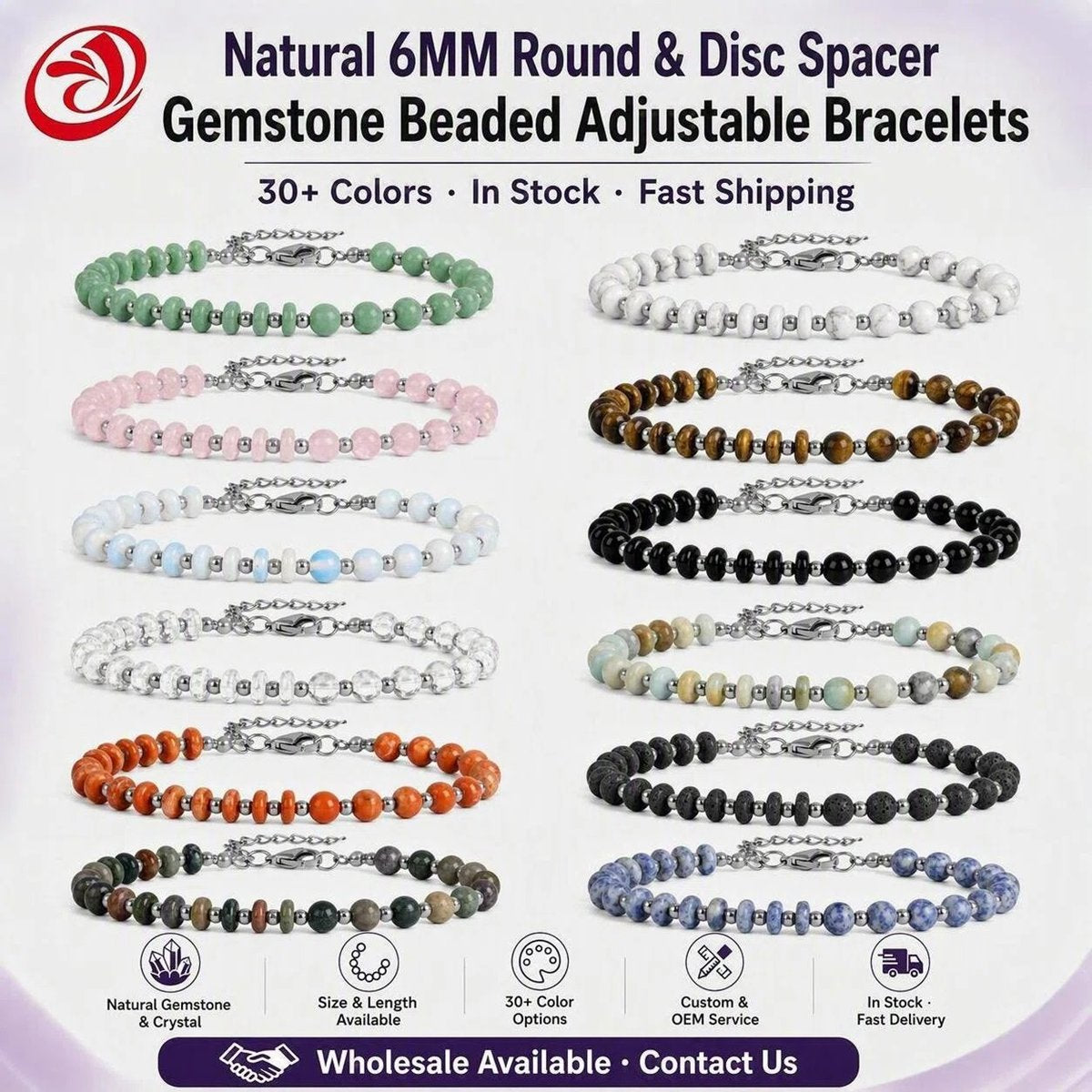 6MM Heishi Disc Spacer Round Bead Gemstone Bracelet Silver Chain Adjustable #SB3145