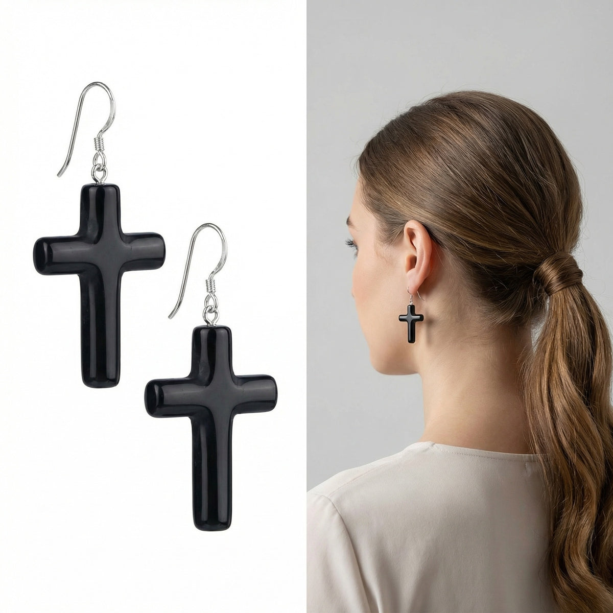 Black Obsidian Cross Pendant (27X40mm) Natural Gemstone Jewelry Necklace Earrings Keychain
