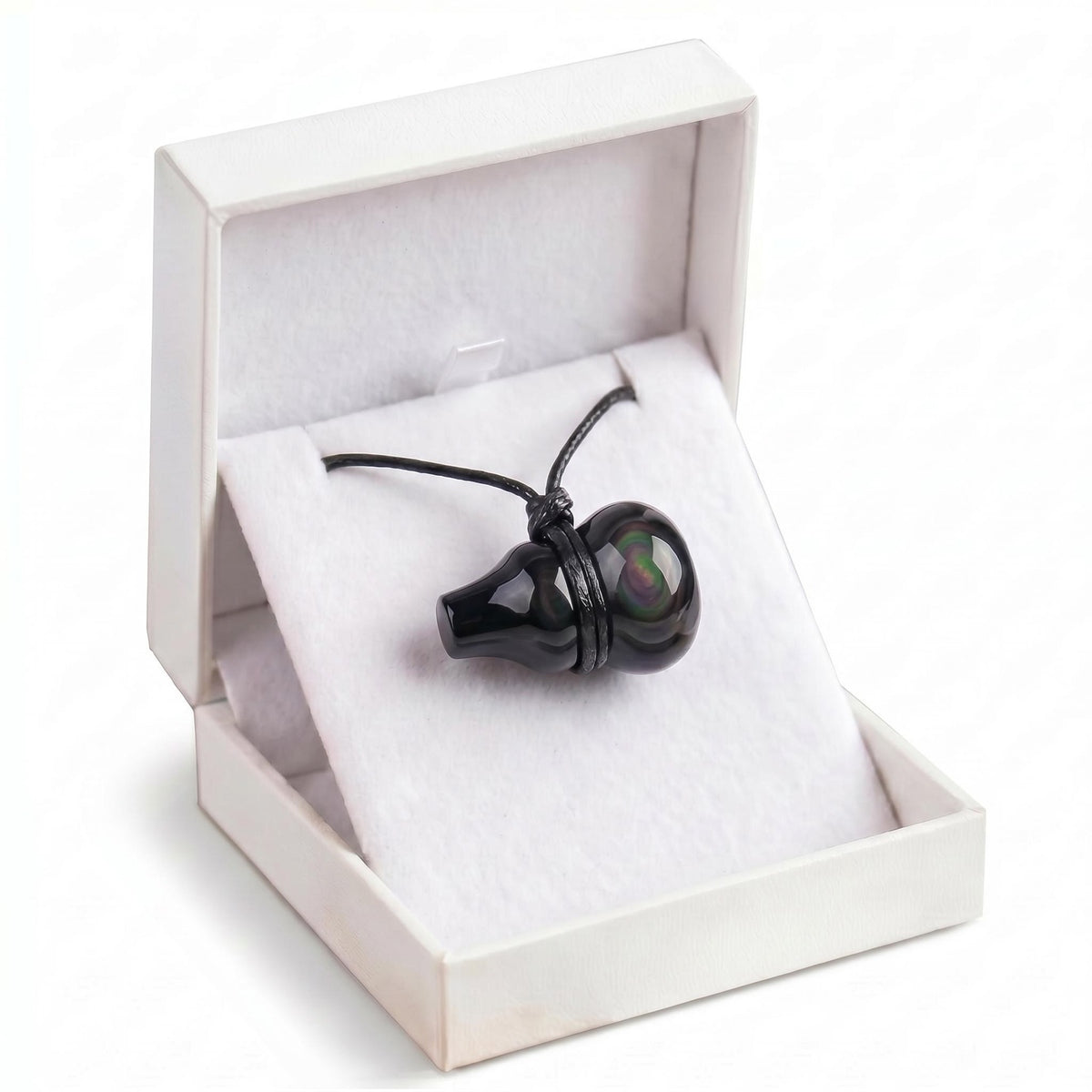 Black Obsidian Gourd Pendant Necklace Adjustable Rope in Gift Box