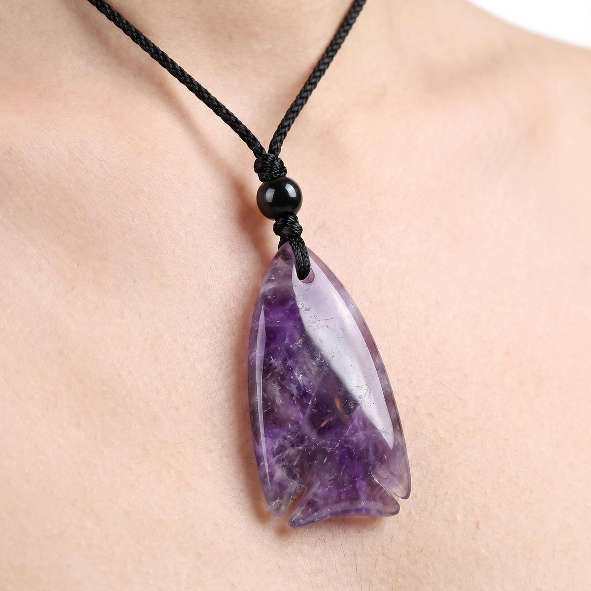 Gemstone Fish Pendant Necklace Adjustable Rope #SN2016-BK22 Handcrafted Gemstone Charm 22x40mm Cord Spiritual Gift for Women Men