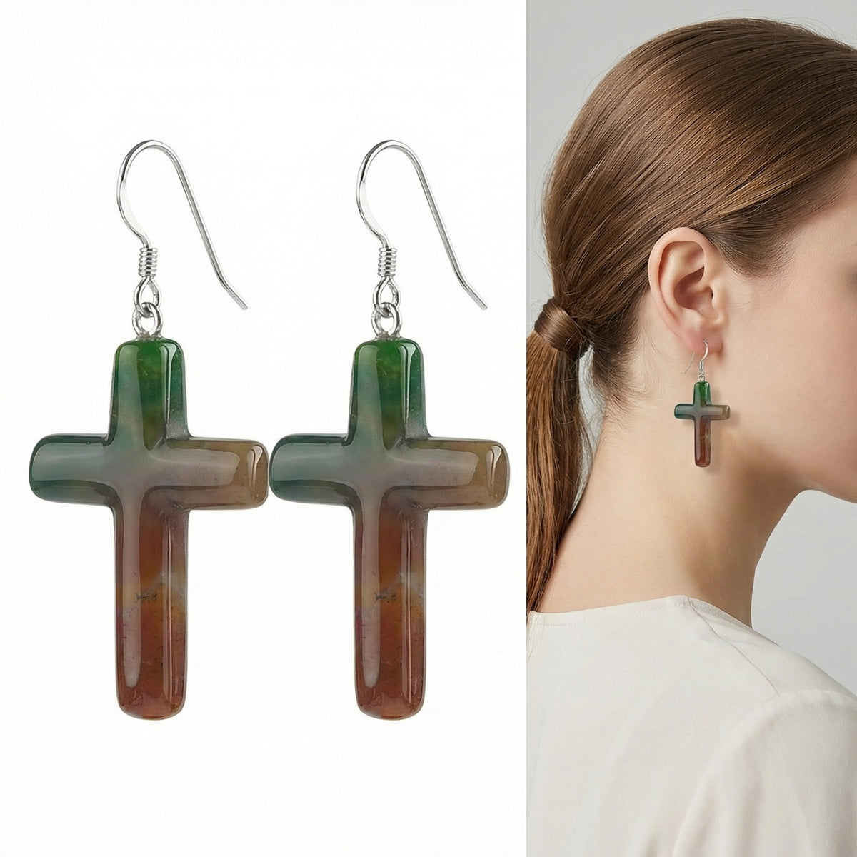 Fancy Jasper Cross Pendant (27X40mm) Natural Gemstone Jewelry Necklace Earrings Keychain
