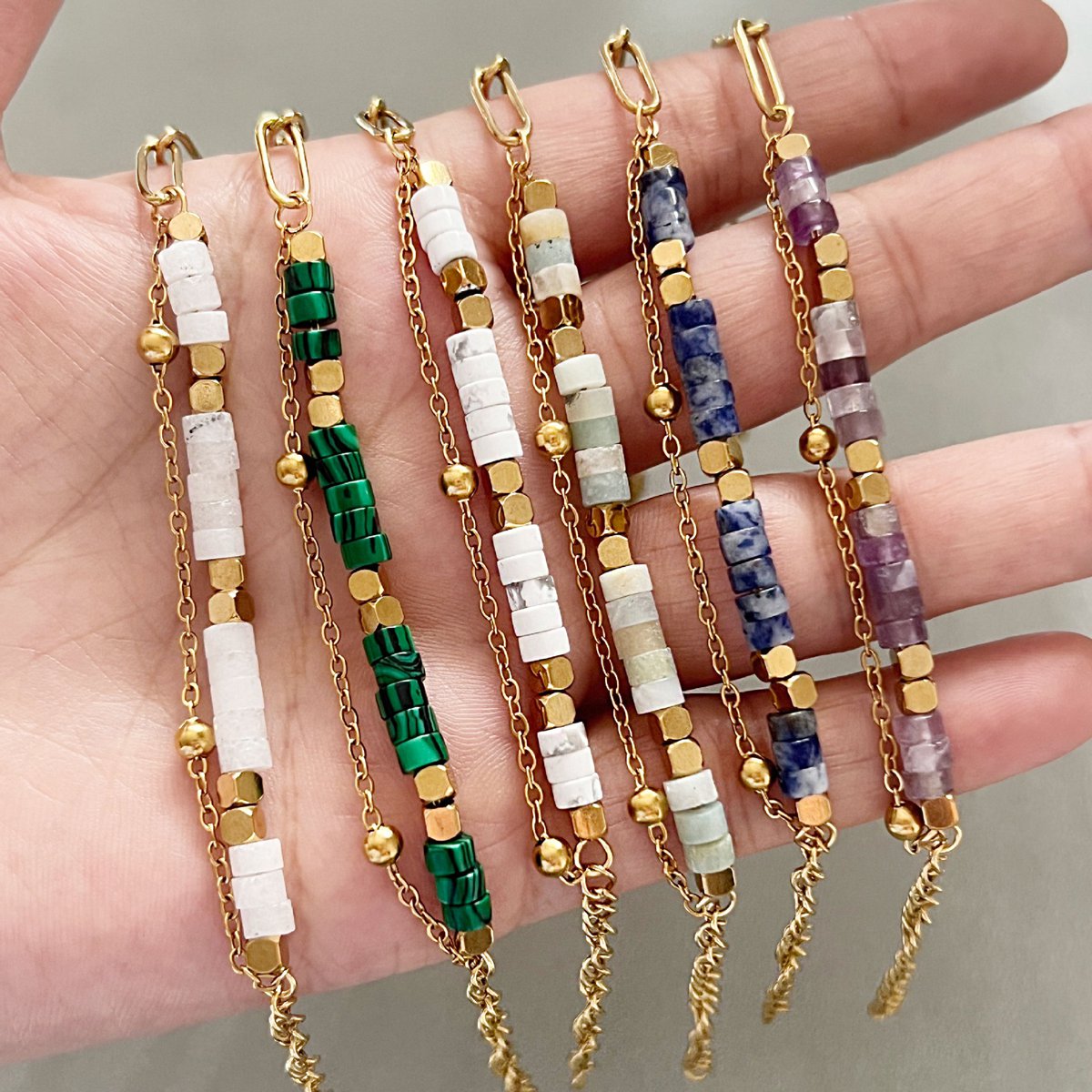 4mm Natural Stone Heishi Bead Bracelet Gold Stainless Steel Paperclip Chain Adjustable Multi-Color Gemstone Layering Jewelry #SB3163