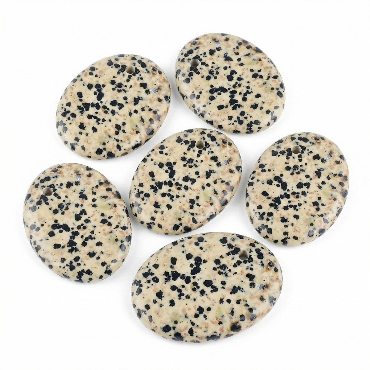 Dalmation Jasper 35×45mm Oval Gemstone Slice Pendant with Off-Center Drilled Hole – Natural Stone Charm for Necklaces, Bag Charms & Bookmarks