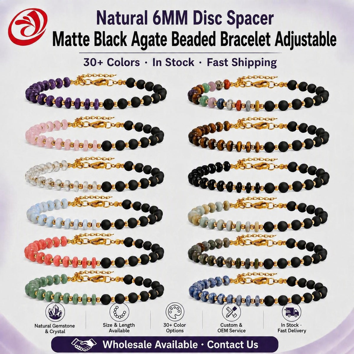 6MM Heishi Disc Spacer Round Bead Matte Onyx Gemstone Bracelet Gold Chain Adjustable #SB3145