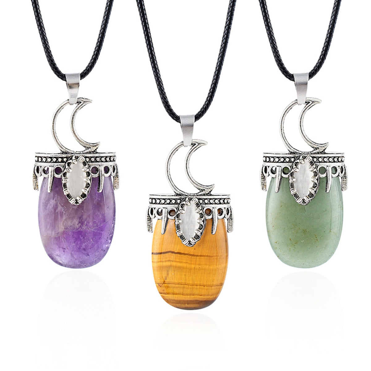 Vintage Silver Capped Multiple Gemstone Moon Pendant Necklace with Adjustable Rope for Reiki and Meditation #SN2055