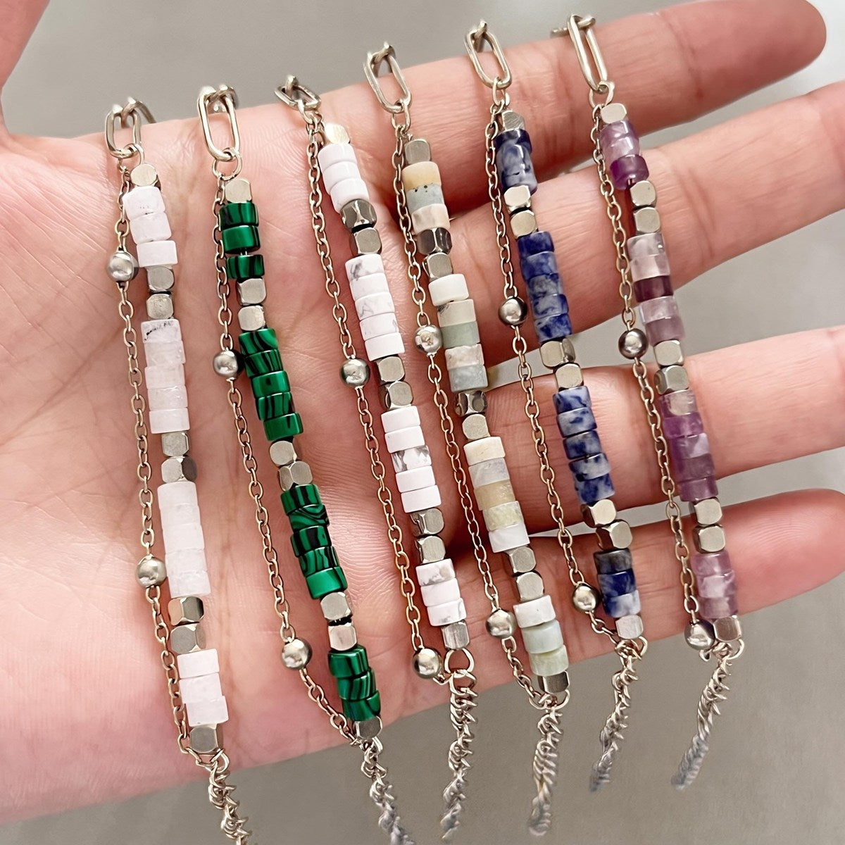 Natural Gemstone Heishi Bead Paperclip Chain Bracelet Stainless Steel Adjustable Layering Bracelet Women Fashion Jewelry #SB3163