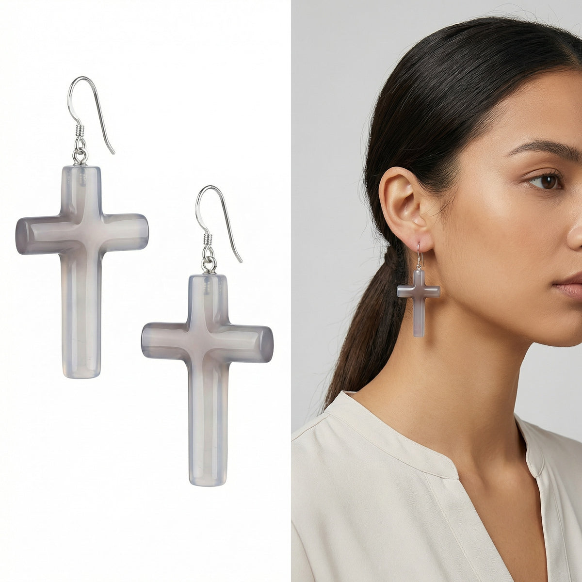 Gray Agate Cross Pendant (27X40mm) Natural Gemstone Jewelry Necklace Earrings Keychain