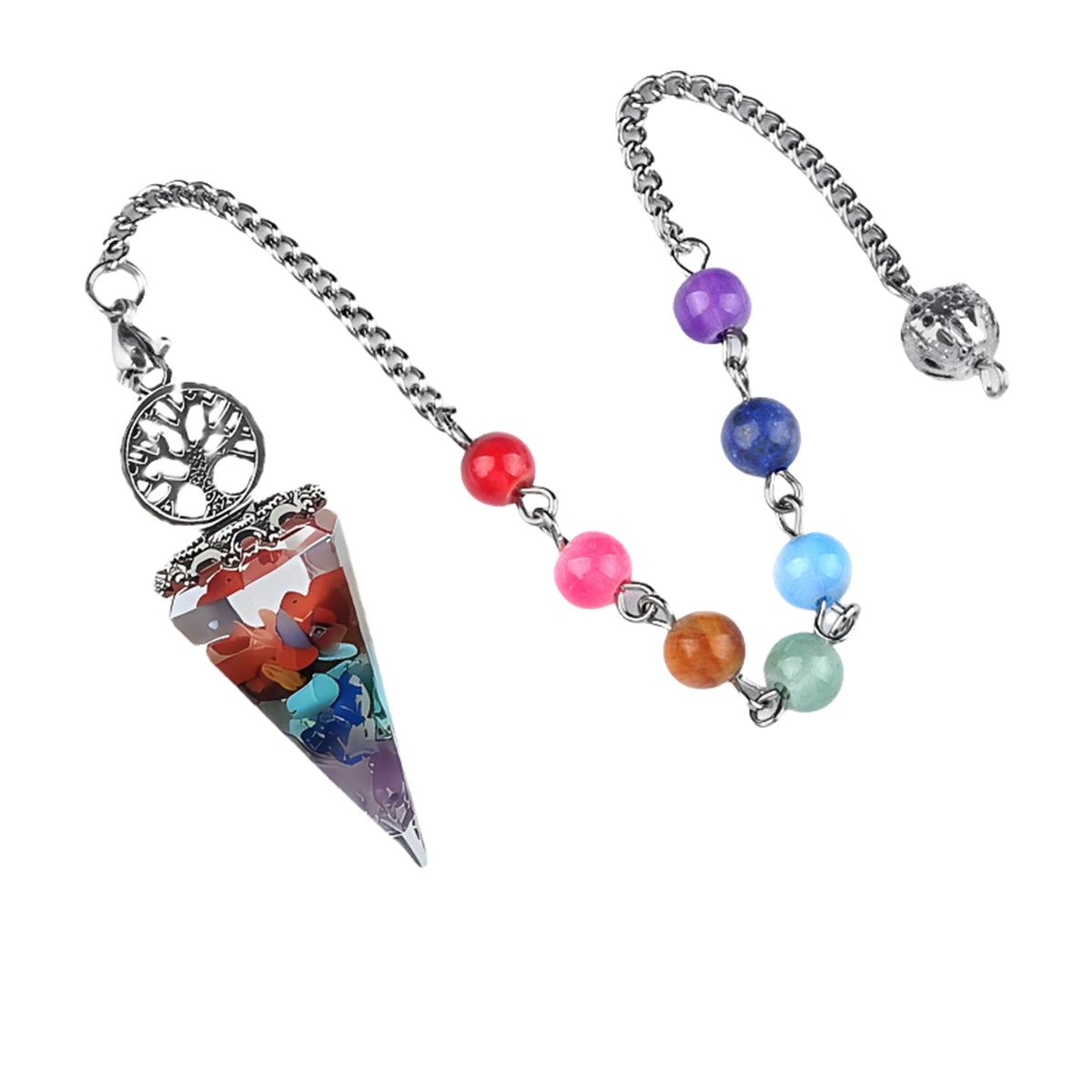 Chips Gemstone Tree of Life Resin Pendulum Wtih 7 Chakra Stone Chain hexagonal pyramid Pendant