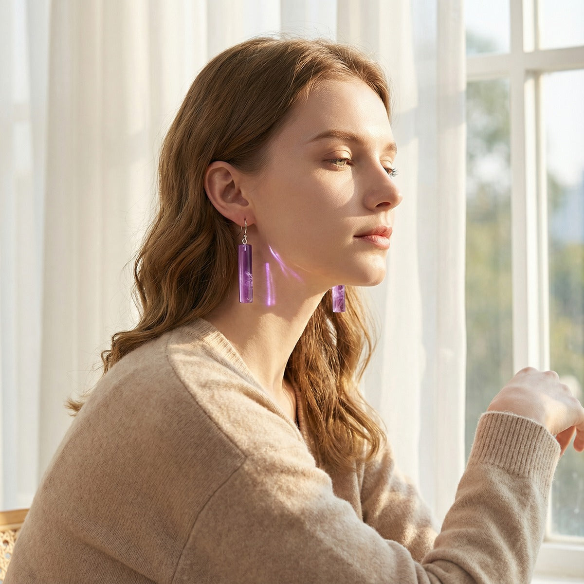 Gemstone Cylinder Dangle Earrings – 8x30mm Polished Crystal Drop Earrings for Women & Girls – Healing Stone Jewelry Gift