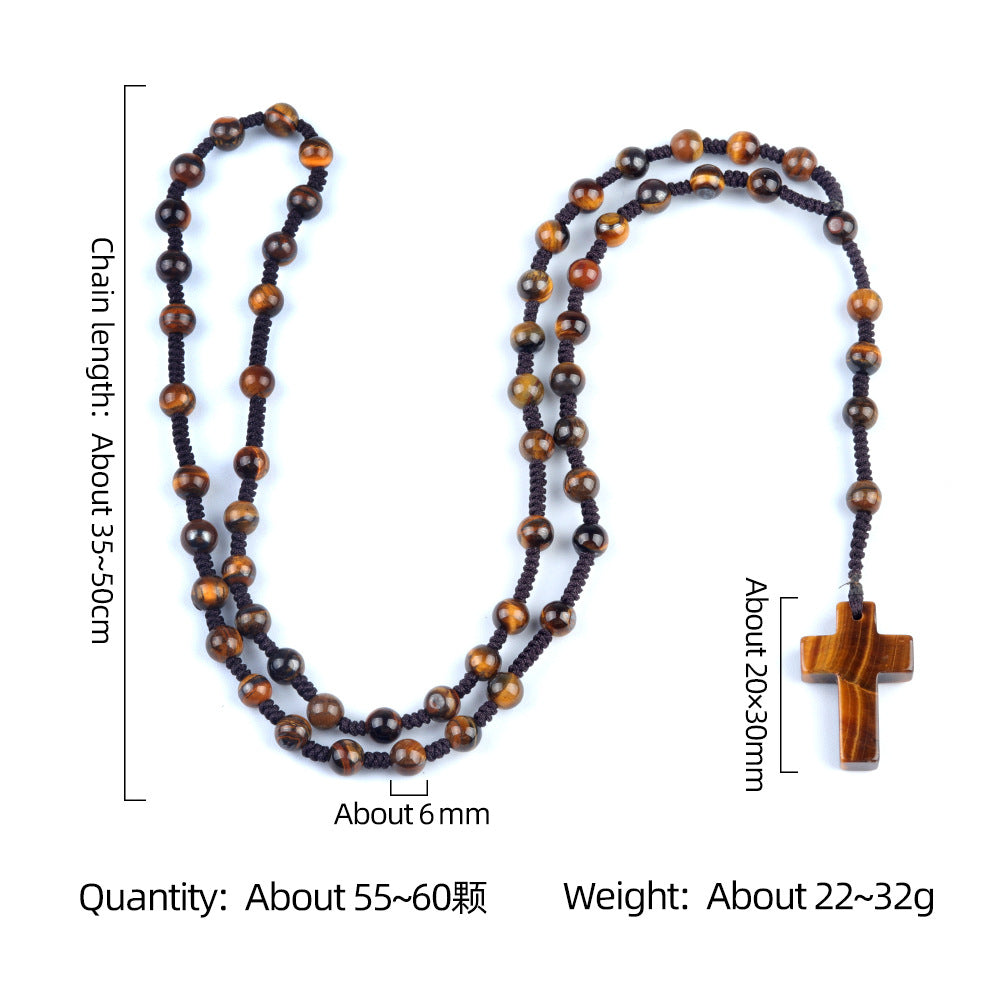 Natural Stone Cross Necklace Handmade 6mm Bead Rosary Jewelry Adjustable Spiritual Meditation Prayer Beads for Men Women Gifts SN2031