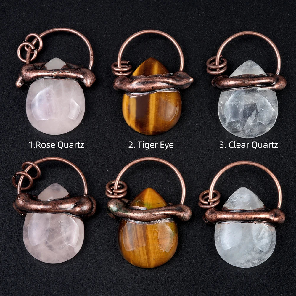 Antique Bronze Wrapped Waterdrop Gemstone Pendant - Gothic Romance Protective Crystal Talisman for Men Women