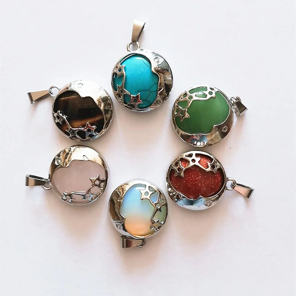 Night Sky Moon Star Crystal Pendant Charm Natural Healing Stone Silver Plated Pendant, Celestial Spiritual Gift for Wome