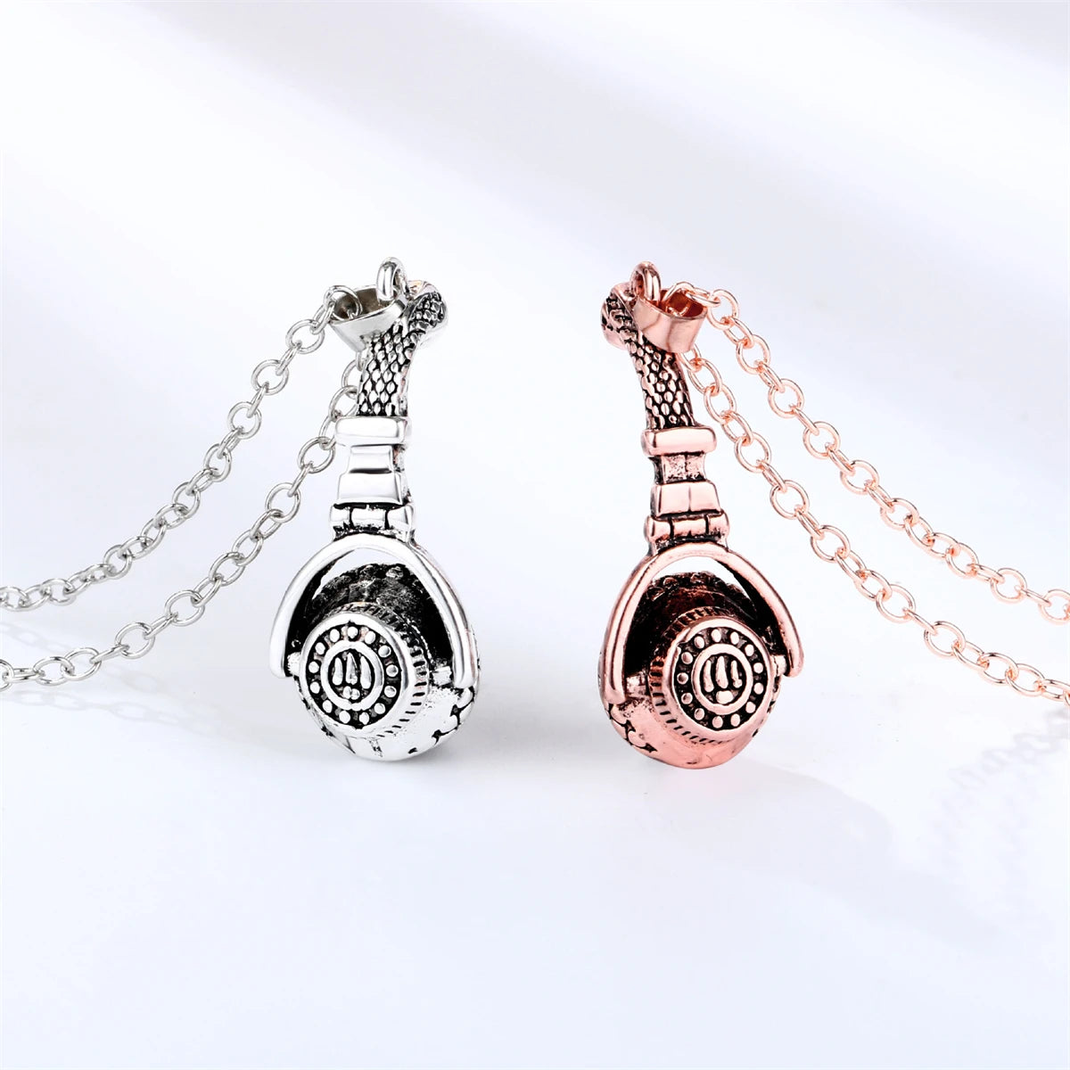 Rose Gold Headphone Couple Necklace, Split Design Music Lovers Pendant, Valentine’s Day Jewelry Gift
