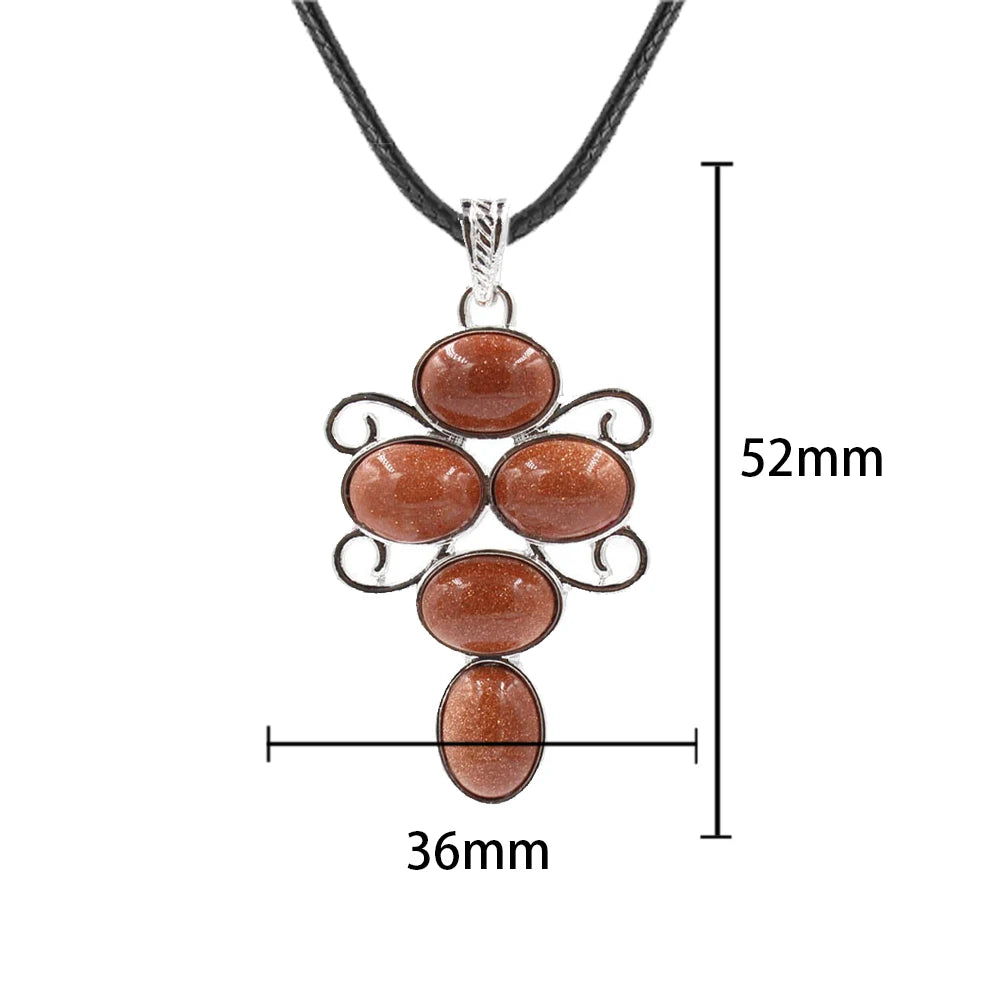 5 Stones Oval Crystal Scroll Wire Pendant Necklace, Silver Swirl Frame Natural Gemstone Black Wax Cord Boho Chakra Jewelry