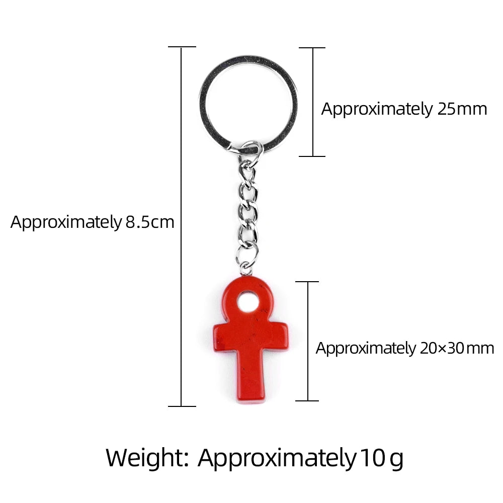 Natural Crystal Ankh Cross Keychain | 20×30mm Egyptian Symbol Gemstone Pendant for Bags & Keys