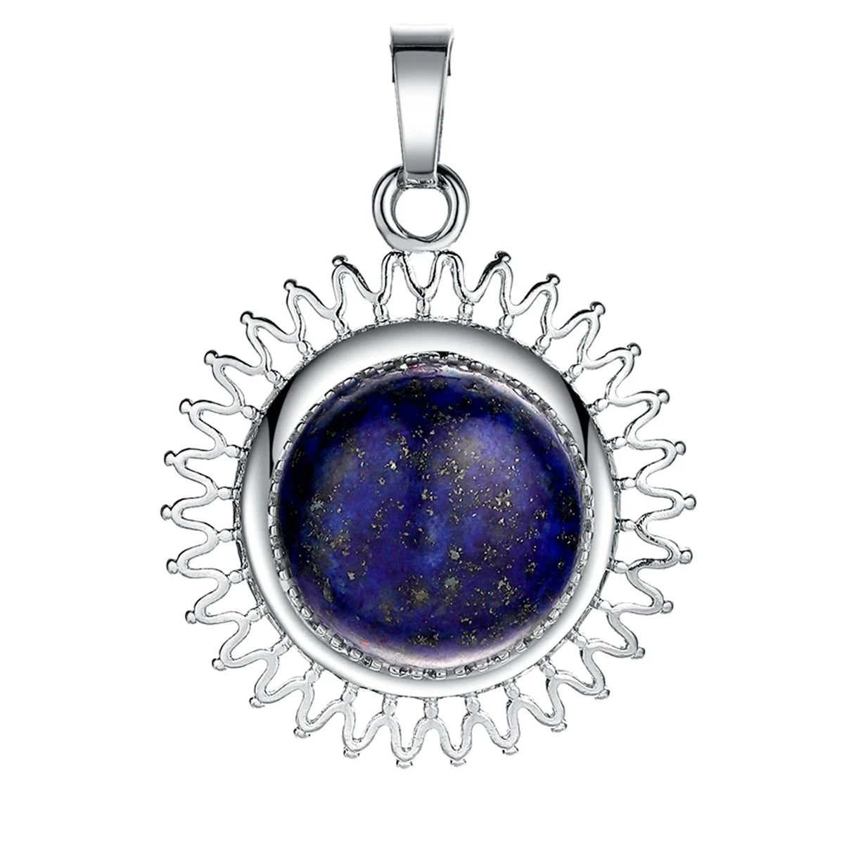 Sunburst Round Natural Gemstone Pendant, Silver Plated Sun Ray Frame Round Cabochon Crystal Stone Pendant Reiki Chakra Healing Charm for DIY Necklace Jewelry Making