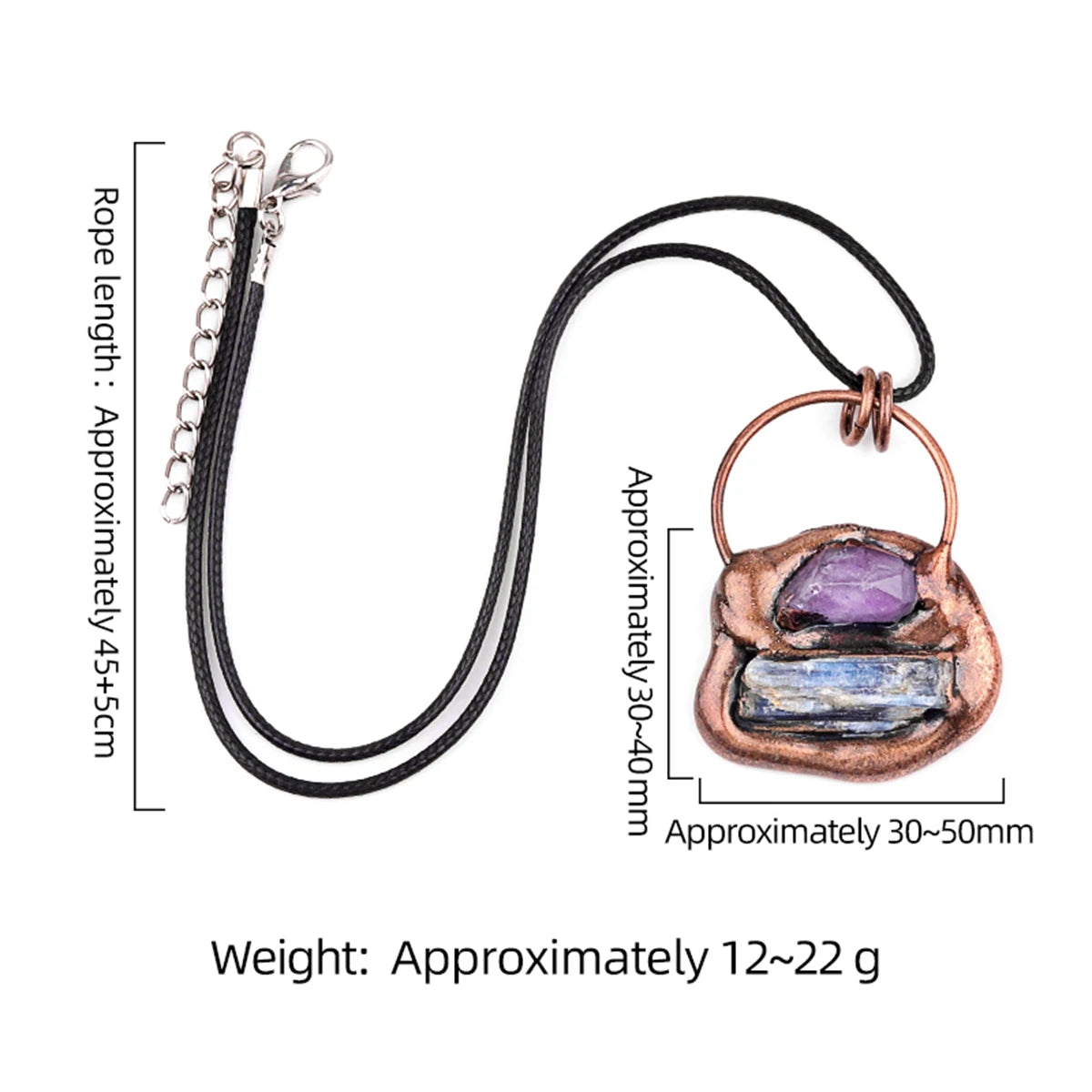 30-50mm Vintage Copper Pendant Necklace with Amethyst & Kyanite Inlay | Retro Crystal Jewelry for Weddings & Parties