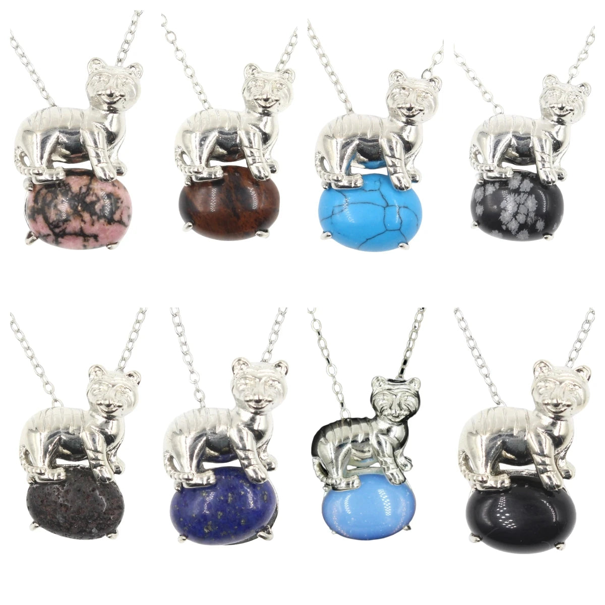 Natural Gemstone Leopard Pendant Necklaces – 8 Unique Stone Varieties Including Sodalite, Snowflake Obsidian, Turquoise & Rose Stone – Stainless Steel Chain Animal Jewelry for Women