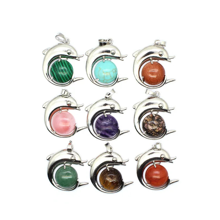 Ocean Serenity: Handcrafted Natural Stone Dolphin Pendant • Healing Crystal Marine Animal Totem • Silver Plated Jewelry Gift
