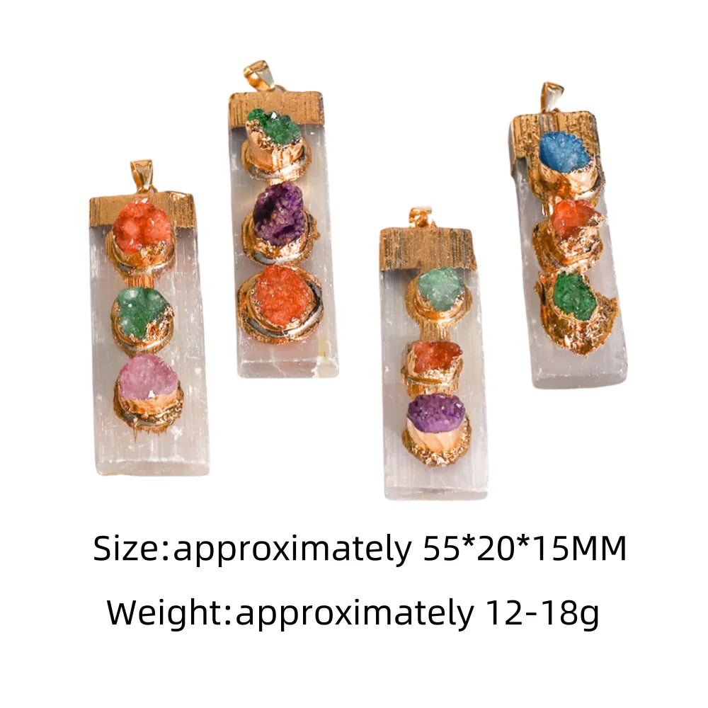 Natural Selenite 7 Chakra Pendant with Raw Crystal Druzy | Gold-Plated Gypsum Bar Charm for Crystal Healing Jewelry