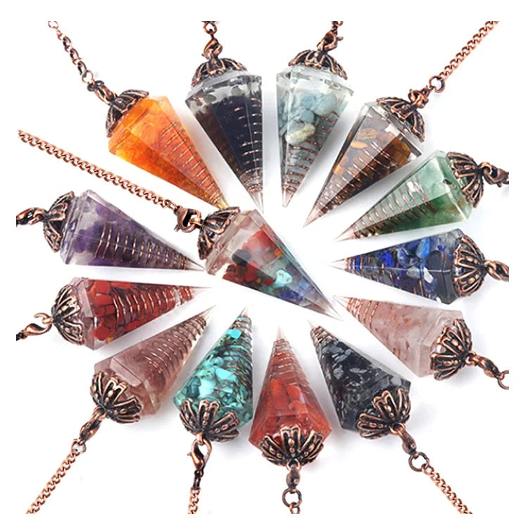 Wholesale Chakra Orgone Pendulum | Red Crystal Resin Pendulum with Copper Coil & 7 Chakra Chain for Divination