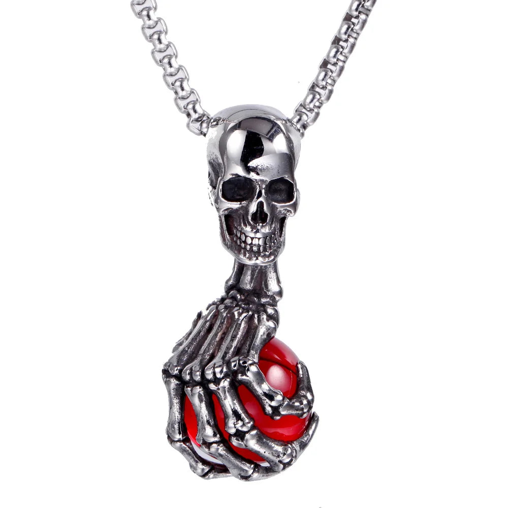 Gothic Skull & Skeleton Hand Blue Crystal Ball Pendant Necklace for Men • Stainless Steel Vintage Punk Jewelry