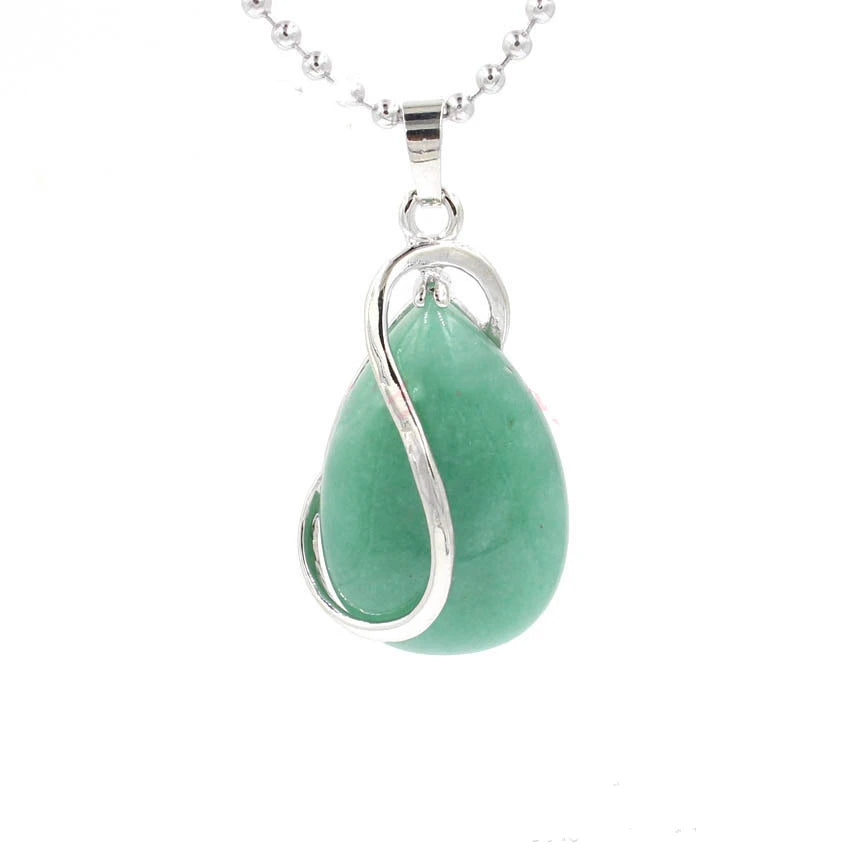 Teardrop Natural Gemstone Wire‑Wrapped Silver Pendant, Handmade Silver Metal Frame Water Drop Crystal Stone Pendant Reiki Chakra Healing Gem Charm Necklace for DIY Jewelry Making