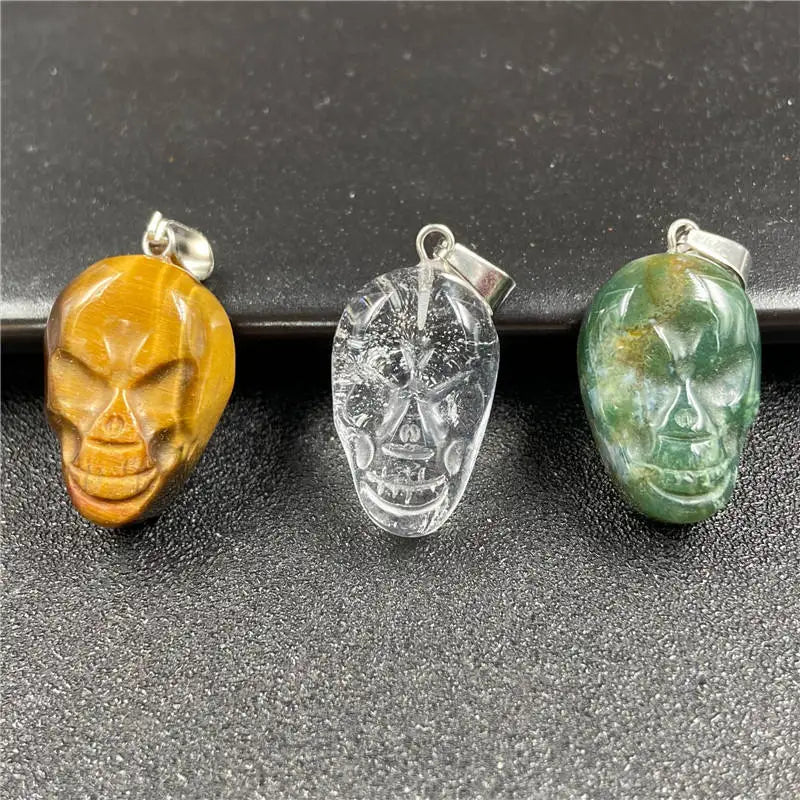 Hand Carved Natural Crystal Mini Skull Pendant, Gothic Skeleton Head Gemstone Charm Chakra Healing Stone Necklace for Men Punk Jewelry