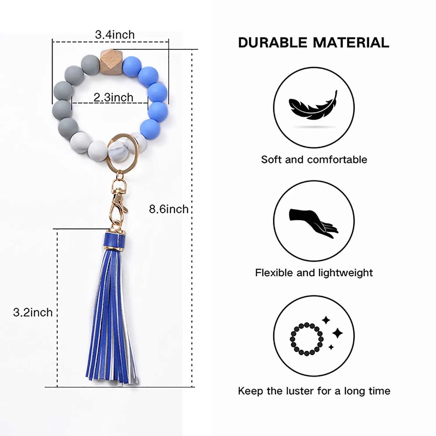 Silicone Bead Bracelet Keychain with Tassel - Hands-Free Wristlet Key Ring Holder - Soft Beaded Bangle Key Chain for Women & Girls