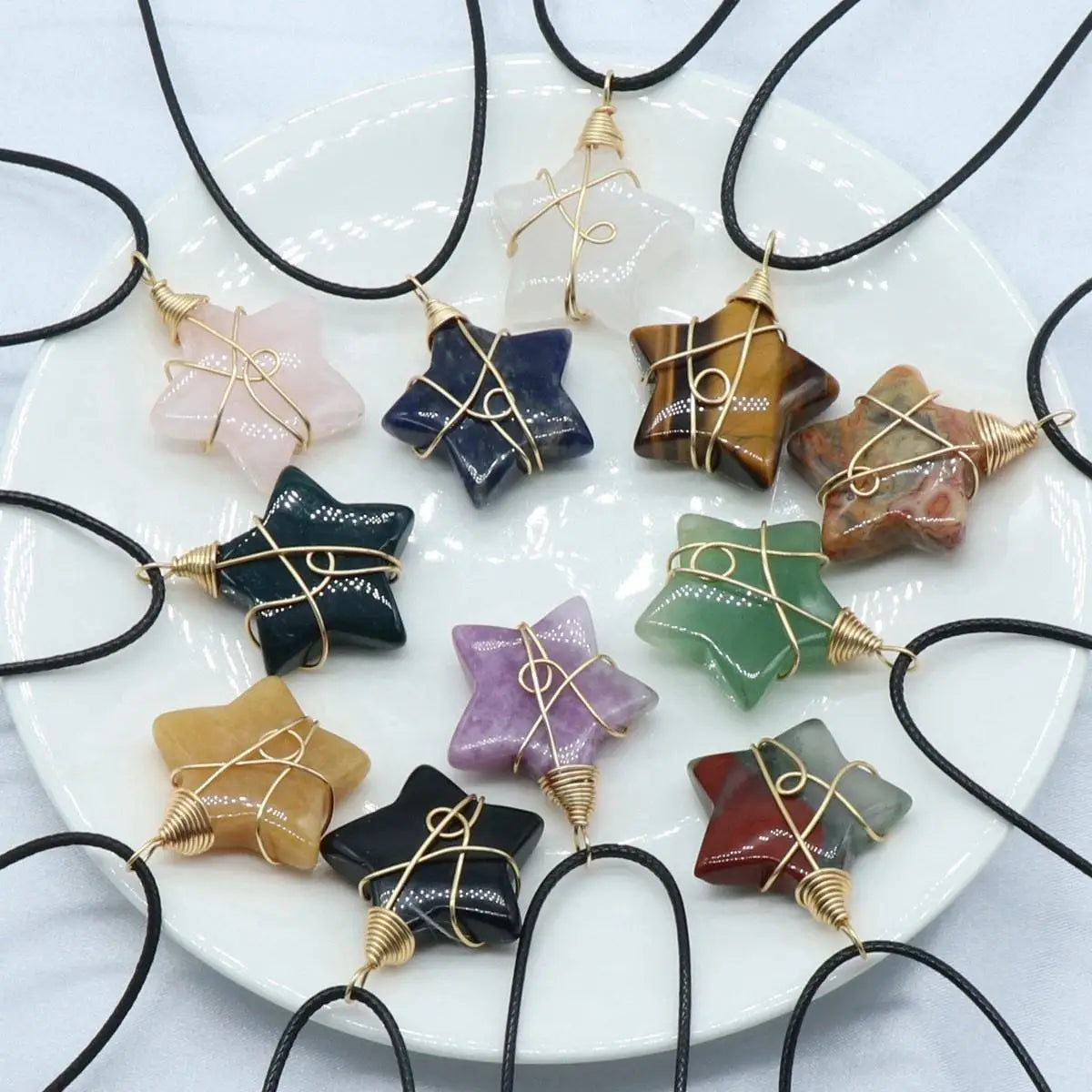 38mm Natural Green Aventurine Star Pendant, Gold Wire Wrapped Crystal Necklace for Healing & Luck