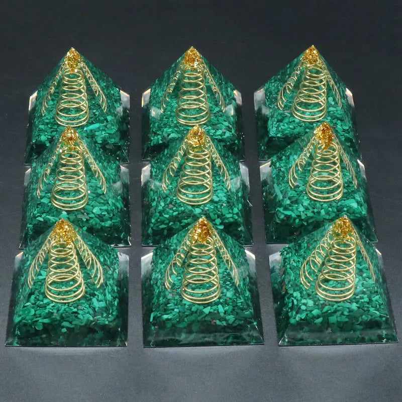 60MM Resin Chip Malachite Gemstone Energy Pyramid for Home Office Feng Shui Decor
