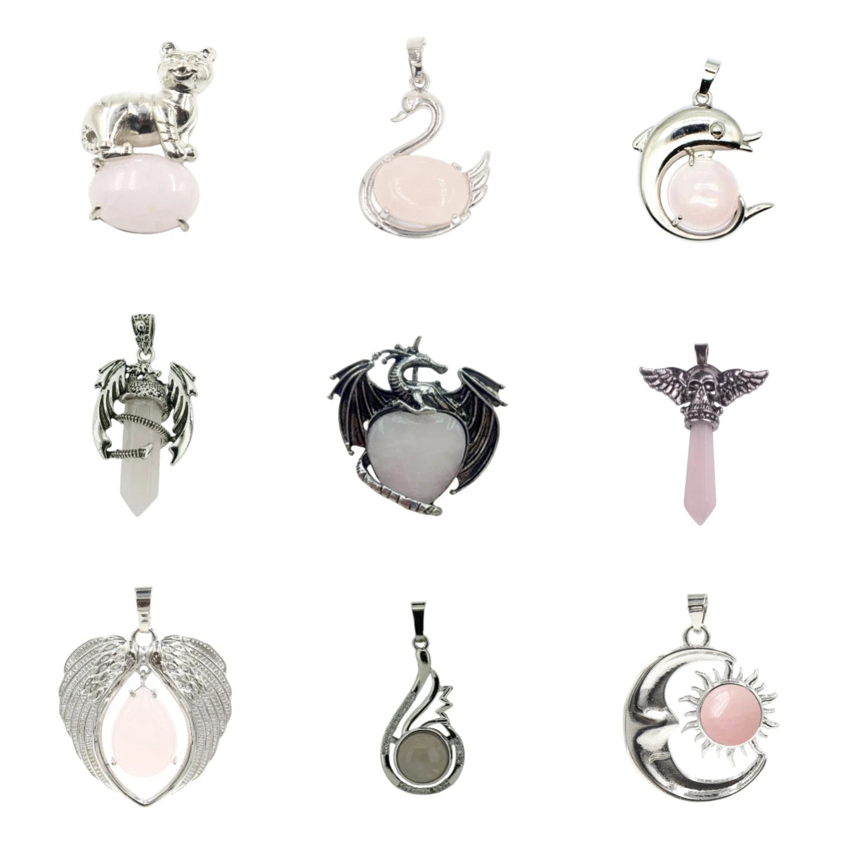 Natural Rose Quartz Crystal Pendant • Mythical Dragon, Angel Wings, Sun Moon & Animal Charm • Spiritual Chakra Healing Jewelry Gifts for Women