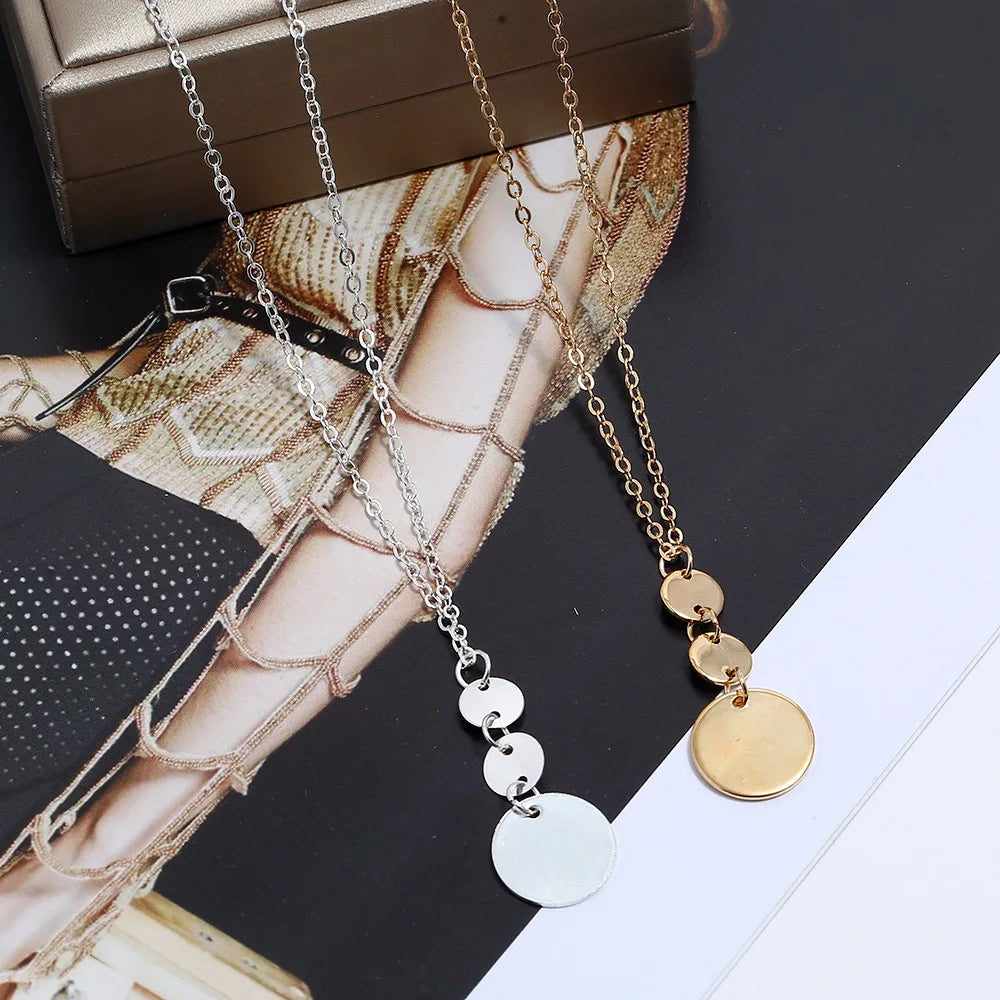 Long Disc Pendant Necklace for Women 18K Gold Plated Sweater Chain Fashion Jewelry Personalized European and American Long Chain