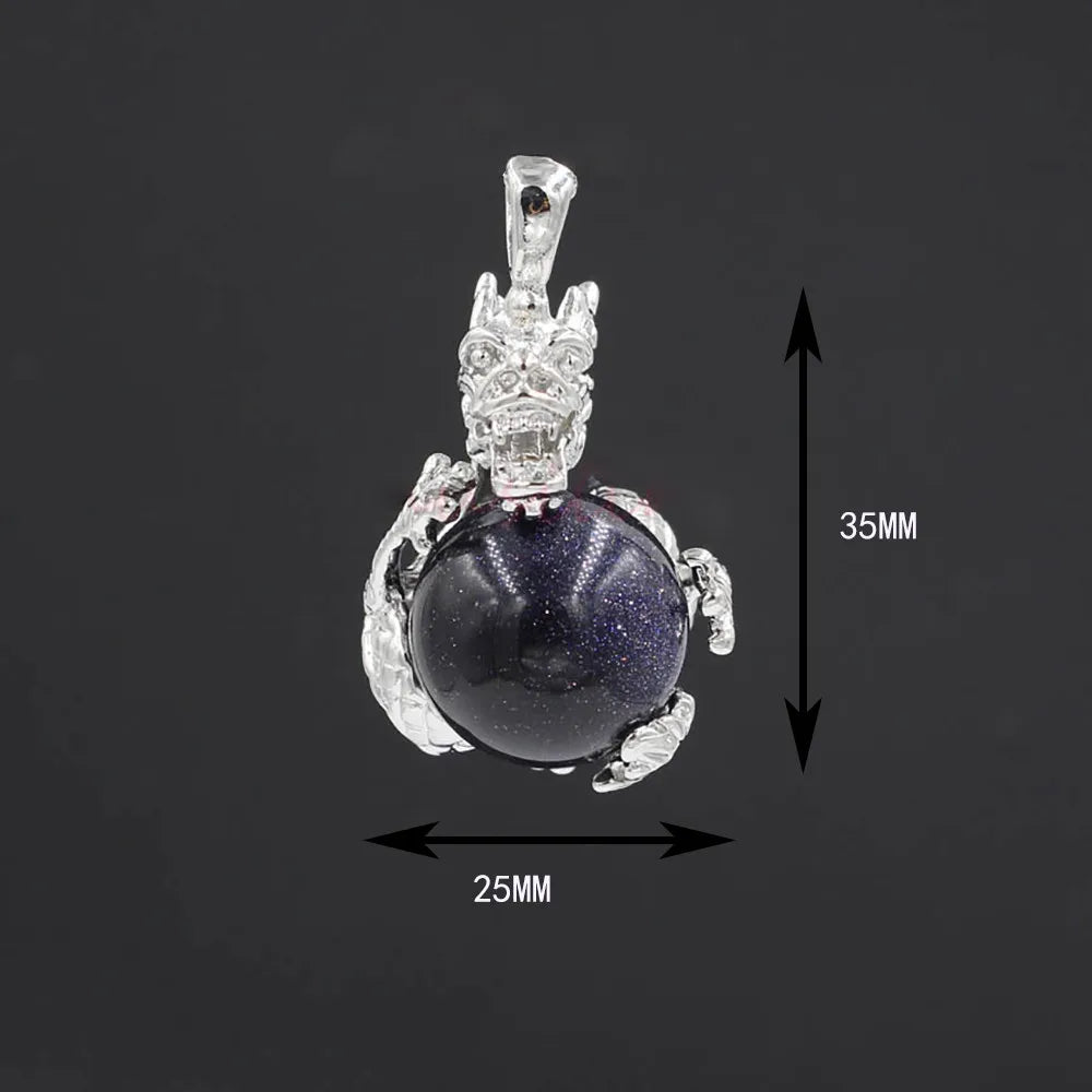 Dragon Wrapped Crystal Sphere Pendant Silver Plated Natural Round Gemstone Ball Charm for Feng Shui Chakra Necklace Making