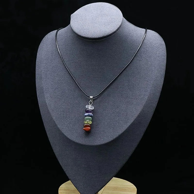 7 Chakra Tumbled Stones Pendant Necklace, Natural Gemstone Chip Beads Pendant, Reiki Healing Energy Crystal Necklace With Adjustable Black Wax Rope for Meditation Spiritual Jewelry Gift